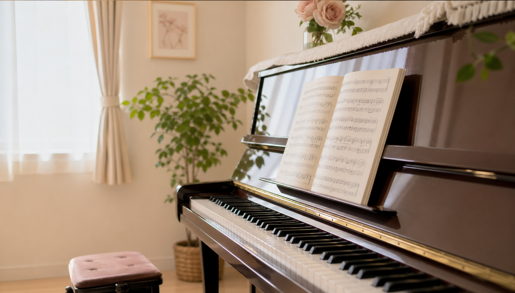 ピアノと楽譜のある落ち着いたレッスン室
